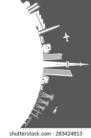 Illustration of various building on the horizon