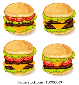 Illustration of various burgers.