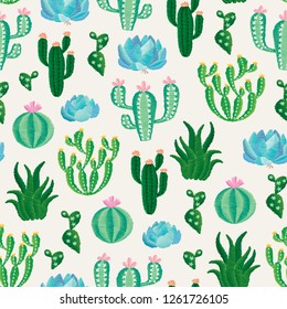 Illustration of various cactuses and succulent plants. Vector seamless embroidery pattern, decorative textile ornament, pillow or bandana decor. Bohemian handmade style background design.