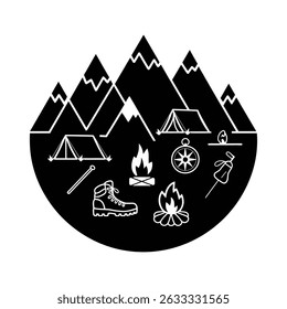 Illustration of various camping gear icons including a mountain backdrop, tent, fire, compass, and boot, representing outdoor adventure and exploration in a stylized design.