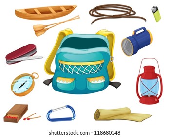 illustration of various camping objects on a white background