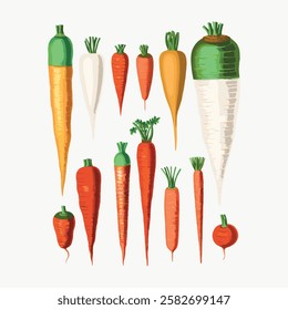 Illustration of various carrots and radishes in different colors and sizes. Carrots and radishes arranged in rows. Colorful vegetables in a simple design. Vintage vegetable illustration vector.