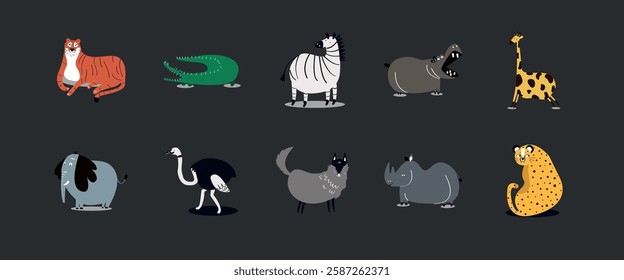 Illustration of various cartoon animals including a tiger, crocodile, zebra, hippo, giraffe, elephant, ostrich, wolf, rhino, and cheetah on a dark background. Animal illustrations, isolated vectors.