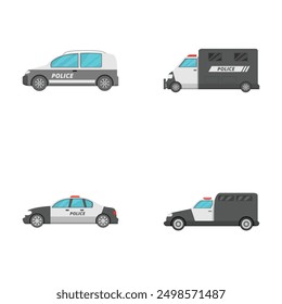 Illustration of various cartoonstyle police vehicles, including cars and vans, isolated on a white background