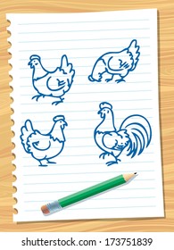 Illustration of various chickens.