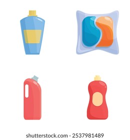 Illustration of various cleaning product bottles and packaging, isolated on white