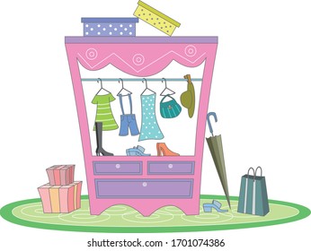 Ilustración de varias ropas, cajas de regalos, paraguas y bolsas de compras en el armario.