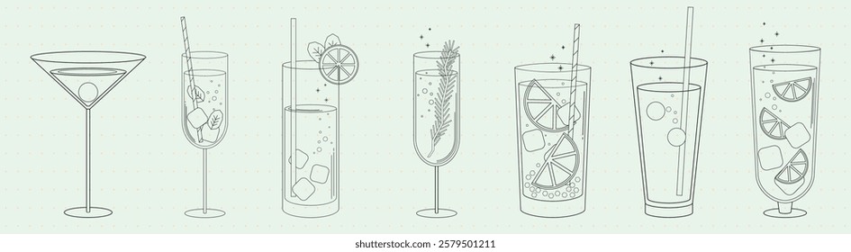 Illustration of various cocktail glasses, each with unique designs. Cocktail glasses feature ice cubes, straws, and garnishes. Elegant cocktail glass collection. Party illustrations, element vectors.