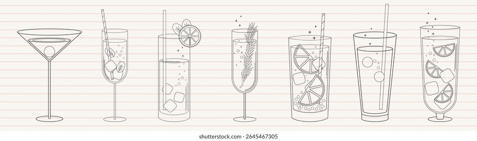 Illustration of various cocktail glasses, each with unique designs and garnishes, lined up in a row. Minimalist style with fine lines and simple details. Party illustrations, isolated vector set.