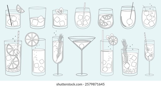 Illustration of various cocktail glasses with ice, fruit, and straws. Different cocktail designs in line art. Glasses with ice and fruit. Cocktail variety. Party illustrations, isolated vector set.