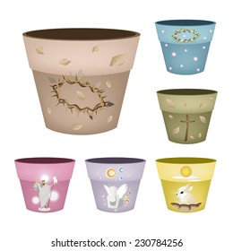 Illustration Various Color of Decorative Ceramic Flower Pots or Terracotta Pots with Religion Symbols Design Isolated on A White Background. 