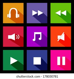 Illustration of various colorful audio metro icons on a dark background.