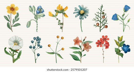 Illustration of various colorful flowers, including yellow, blue, and red blooms. Flowers with green leaves, diverse flower types, vibrant floral design. Spring flower illustrations, isolated vectors.