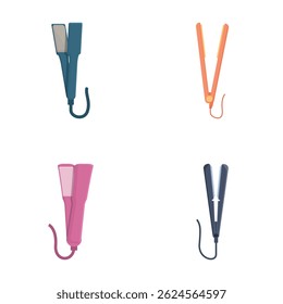 Ilustração de várias ferramentas coloridas de estilo de cabelo, incluindo alisadores e ferros de enrolar