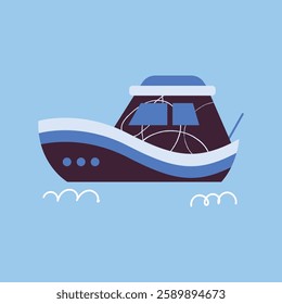 Illustration of various colorful ships and boats on a blue background collection. Various boats and ships, ocean transport set. Nautical and maritime theme. Flat vector design isolated