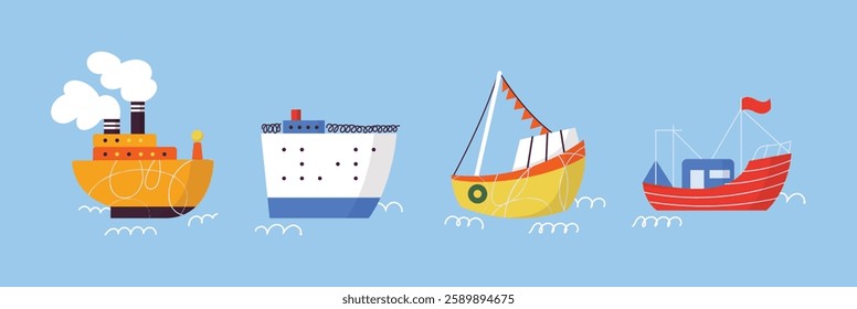 Illustration of various colorful ships and boats on a blue background collection. Various boats and ships, ocean transport set. Nautical and maritime theme. Flat vector design isolated