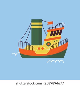 Illustration of various colorful ships and boats on a blue background collection. Various boats and ships, ocean transport set. Nautical and maritime theme. Flat vector design isolated