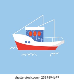 Illustration of various colorful ships and boats on a blue background collection. Various boats and ships, ocean transport set. Nautical and maritime theme. Flat vector design isolated