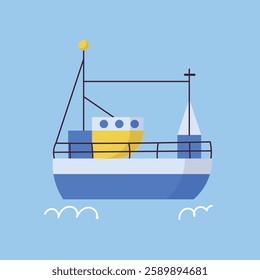 Illustration of various colorful ships and boats on a blue background collection. Various boats and ships, ocean transport set. Nautical and maritime theme. Flat vector design isolated