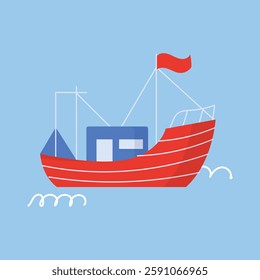 Illustration of various colorful ships and boats on a blue background collection. Various boats and ships, ocean transport set. Nautical and maritime theme. Flat vector design isolated