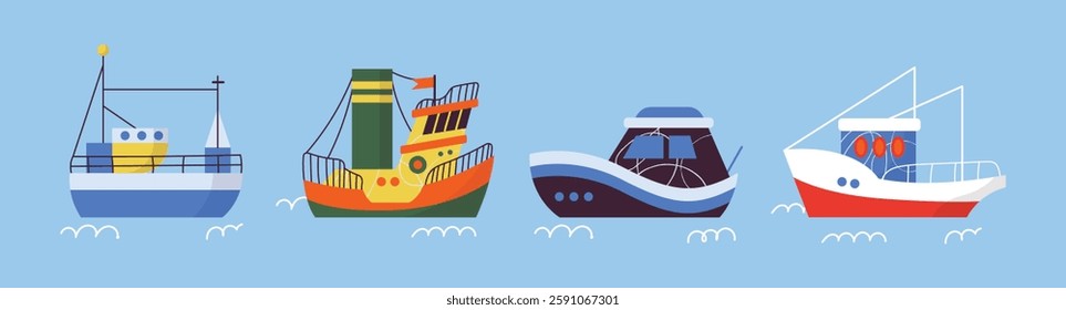 Illustration of various colorful ships and boats on a blue background collection. Various boats and ships, ocean transport set. Nautical and maritime theme. Flat vector design isolated