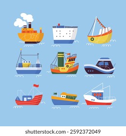 Illustration of various colorful ships and boats on a blue background collection. Various boats and ships, ocean transport set. Nautical and maritime theme. Flat vector design isolated