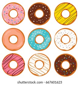 Illustration of various colorful sweet doughnut collection