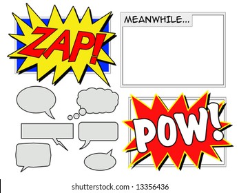 Illustration of various comic book elements including speech balloons