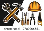 Illustration of various construction tools including a wrench, hammer, screwdriver, pliers, saw, and a hard hat.