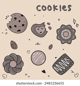 Illustration of Various Cookies and Nuts on Beige Background