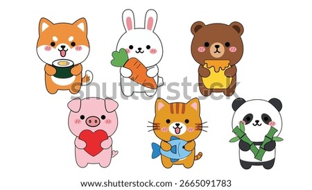 illustration of various cute animals including a Shiba Inu dog, bunny, bear, pink pig, tiger, and panda standing in a kawaii cartoon style. Perfect for childrens designs, stickers, and playful graphic
