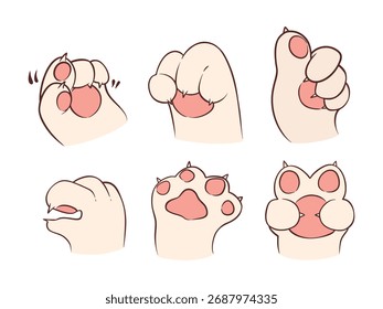 Ilustración de varios gestos lindos de la mano del gato, aislados en un fondo blanco