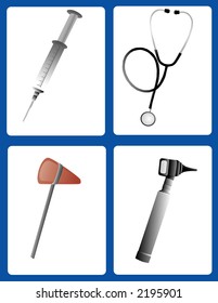 illustration of various doctors tools, including an otoscope, syringe, stethoscope