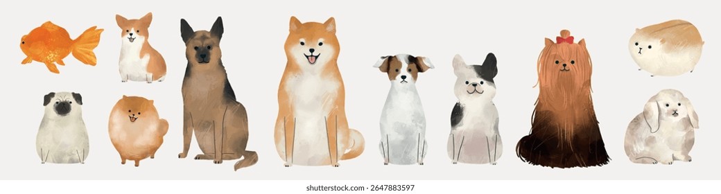 Illustration of various dog breeds and a goldfish. Includes small, medium, and large dogs. Cute and diverse pet collection. Playful pet illustration. Isolated animal vector set.