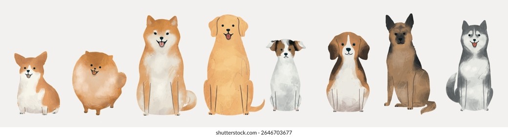 Ilustração de várias raças de cães em uma linha, apresentando diferentes tamanhos e cores. Os cães incluem corgi, pomeranian e husky, tudo em um estilo bonito, cartoon. Vetor animal isolado.