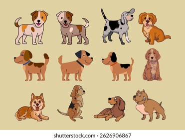 Illustration of various dog pet animal collection vector illustration. Cute cartoon sketch outline dogs isolated on background.