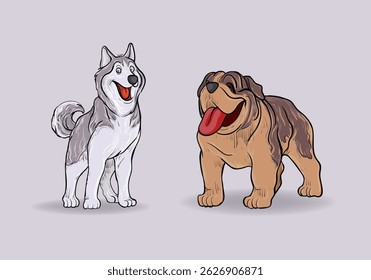 Illustration of various dog pet animal collection vector illustration. Cute cartoon sketch outline dogs isolated on background.