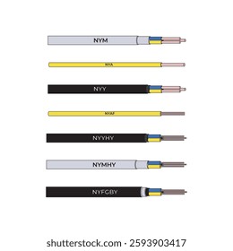 Illustration of various electrical cable types, including NYM, NYA, NYY, NYYHY, NYMHY, and NYFGBY. Used in power distribution, wiring, and electrical installations for safety and efficiency.
