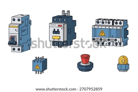 Illustration of various electrical components including circuit breakers, contactors, a relay, an emergency stop button, and a signal light.