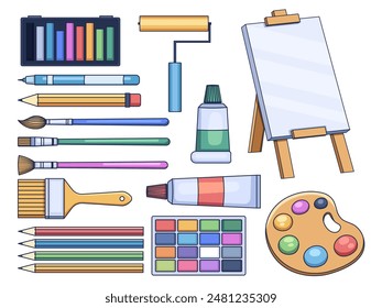 Illustration of various essential painting tools and supplies. Featured are colorful crayons, pencil, paint rollers, an easel with a blank canvas, brushes of various types, tube paint, watercolor, etc