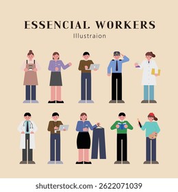 Ilustração de vários trabalhadores essenciais
