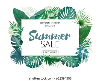 Illustration of various exotic leaves with horizontal banner on white background