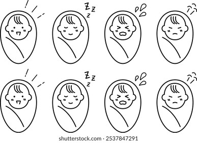 Illustration of various expressions of baby wrapped in swaddling cloth