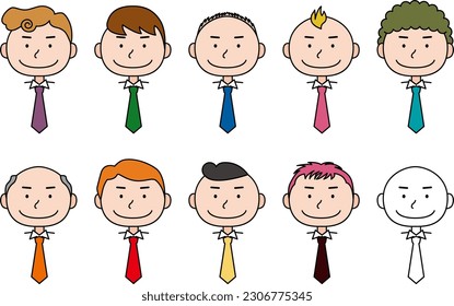 It is an illustration of various faces of a man wearing a tie.