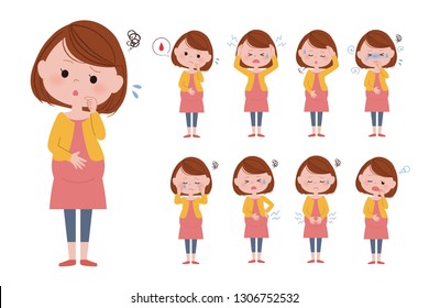 Illustration of various facial expressions of pregnant women.