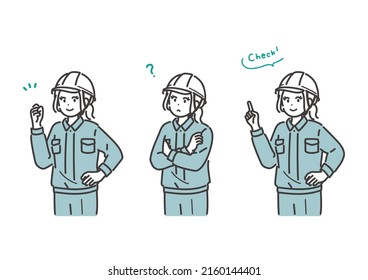 Illustration of various facial expressions of young female worker. vector.