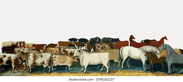 Illustration of various farm animals including cows and horses. Diverse group of farm animals in a field. Cows and horses depicted in different colors. Vintage animal illustration vector.