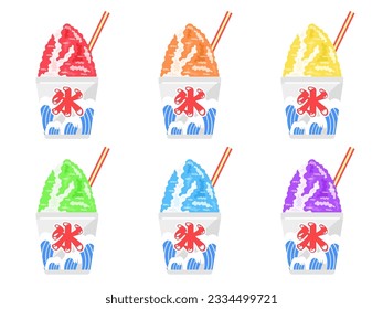 An illustration of various flavors of shaved ice at a food stall.