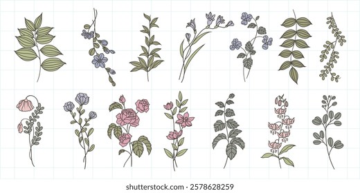 Illustration of various floral designs. Delicate flowers and leaves in soft colors. Botanicals arranged in a grid. Floral patterns and botanical art. Spring flower illustrations, isolated vector set.