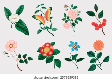 Illustration of various flowers and a butterfly. Includes roses, a butterfly, and colorful blooms. Nature-themed, featuring diverse flowers and a butterfly. Spring flower illustrations, vector set.